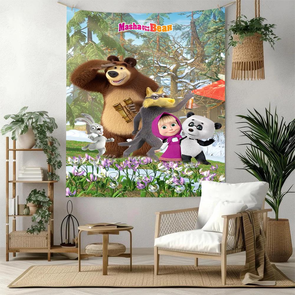 Masha Bear Wall Decor Tapestry Art For Pet Memorial Birthdaywedding Party Backdrop Family Gift