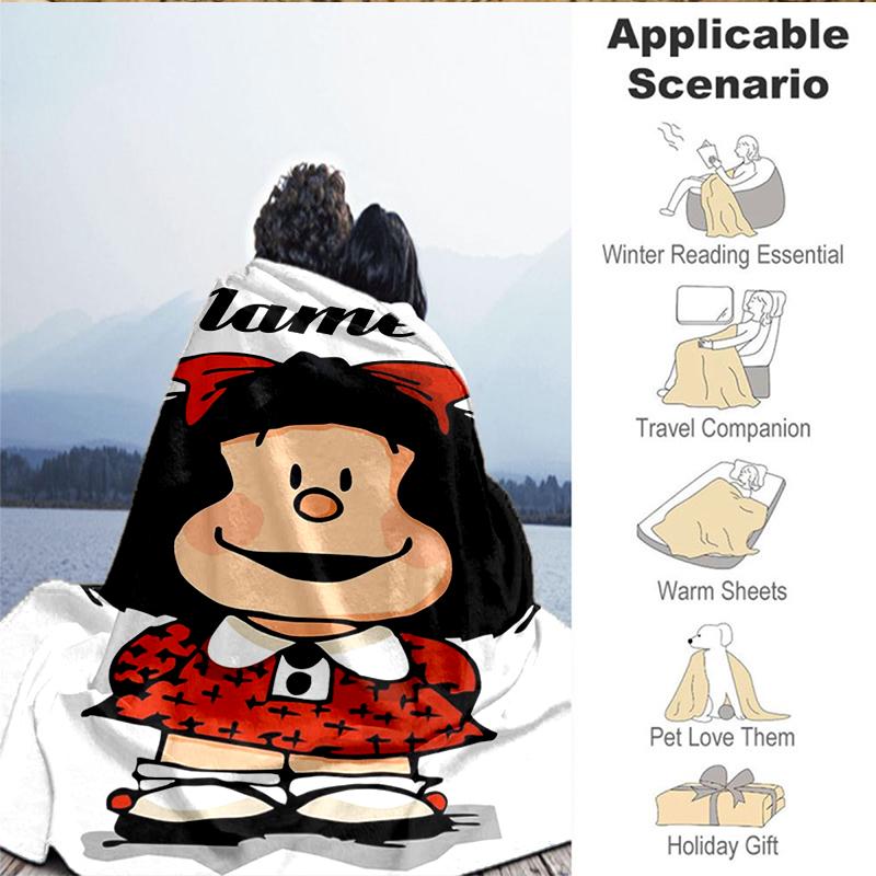 Custom Name Mafalda's Portrait Blanket Lightweight Ideal Bedding Blanket Perfect for Travel, Camping, Living Rooms, Sofas, Christmas Gift