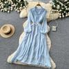Commuter Blue Pleated Long-sleeved Dress for Women's Summer Waist and Thin Temperament Elegant A-word Temperament Long Dress