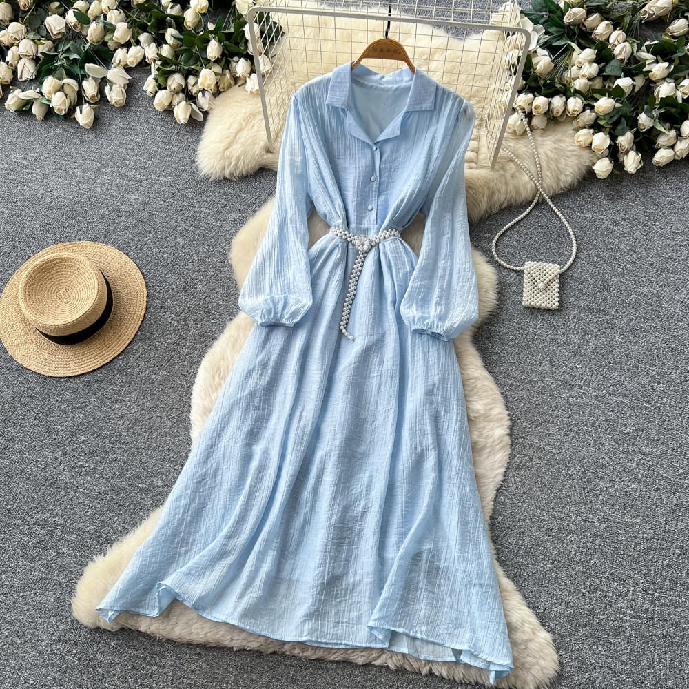 Commuter Blue Pleated Long-sleeved Dress for Women's Summer Waist and Thin Temperament Elegant A-word Temperament Long Dress