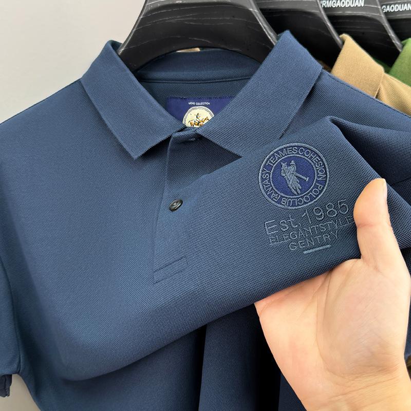 

Футболка поло с коротким рукавом, мужская, легкая, роскошная, с высоким чувством, однотонная, с вышитыми буквами на лацканах 3XL