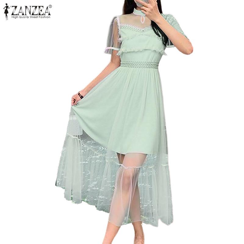 ZANZEA Abito casual da donna elegante con inserti in rete, girocollo, manica corta