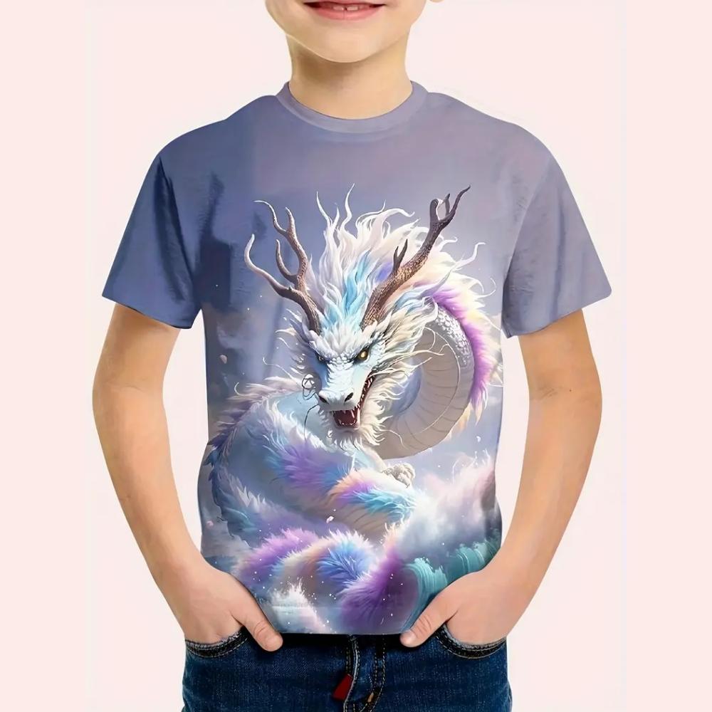 Children's Boy's Clothing Colored Dragons 3D Print Graphic T Shirts Outdoor O-Neck Summer Short Sleeves Top Clothes for Children
