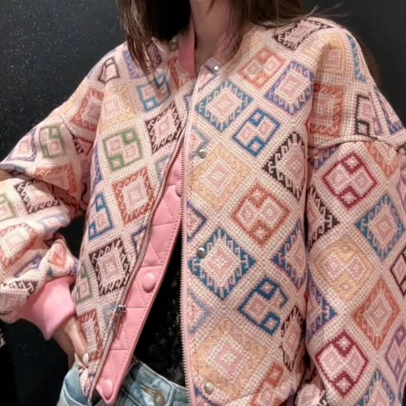 Pink Geometric Jacquard Jacket Women Zip Up Quilted Cotton Short Bomber Vintage Ethnic Loose Coat