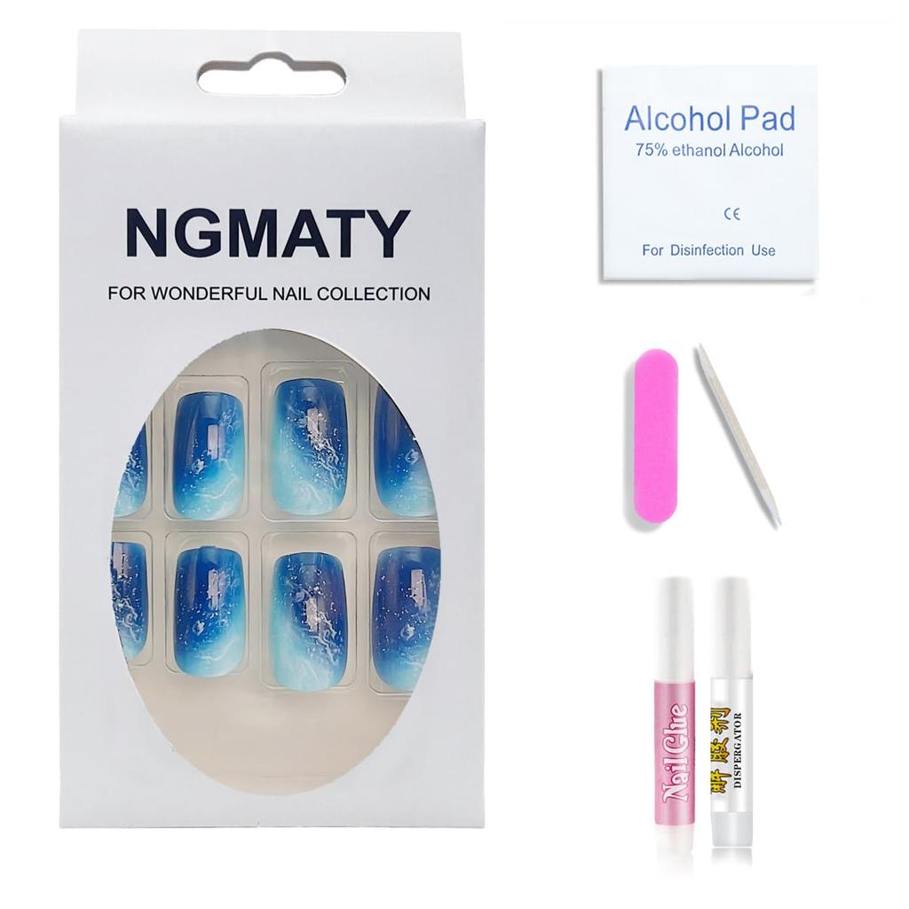 Press On Nails High Fashion Deep Sea Waves Blue Painted Short Medium Square Wearable Nails 12 Sizes - 24 Pcs Gel False Nail Set
