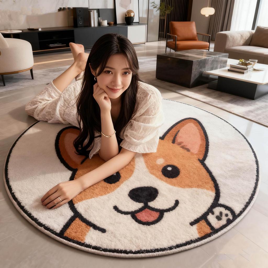 Cartoon Dog Round Non-Slip Bedside Rug - Soft Imitation Cashmere Chair Cushion