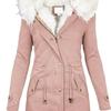 Winter Women Windproof Jacket Mid Length Slim Fit Cotton Coat Plus Size Faux Fur Hood Fleece Lined Zip Up Press Button Closure Outerwear