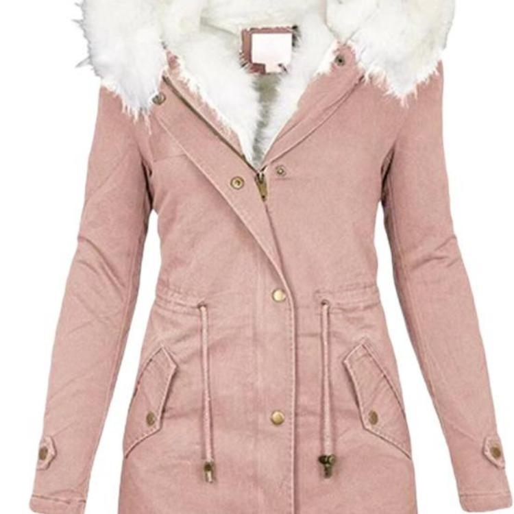 Winter Women Windproof Jacket Mid Length Slim Fit Cotton Coat Plus Size Faux Fur Hood Fleece Lined Zip Up Press Button Closure Outerwear