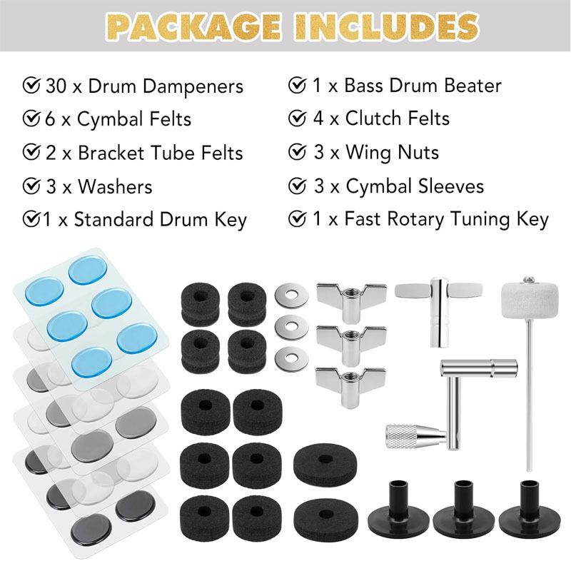 Drum Set Accessories Kit Clutch Felt Pads Wing Nut Washers, Drum Keys, Plastic Cymbal Sleeves