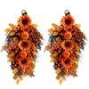 Reusable Autumn Harvest Ornament Fall Sunflower Swags Wreath, Maple Leaves And Berries Hanging Decor Artificial Wreath for Front Door Seasonal