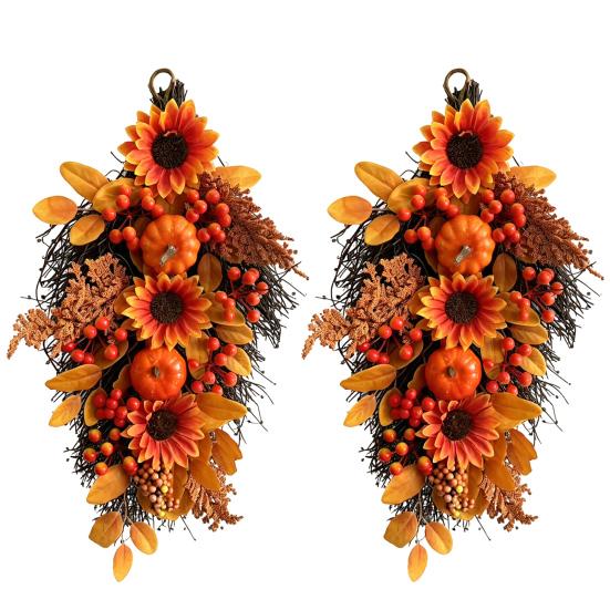Reusable Autumn Harvest Ornament Fall Sunflower Swags Wreath, Maple Leaves And Berries Hanging Decor Artificial Wreath for Front Door Seasonal
