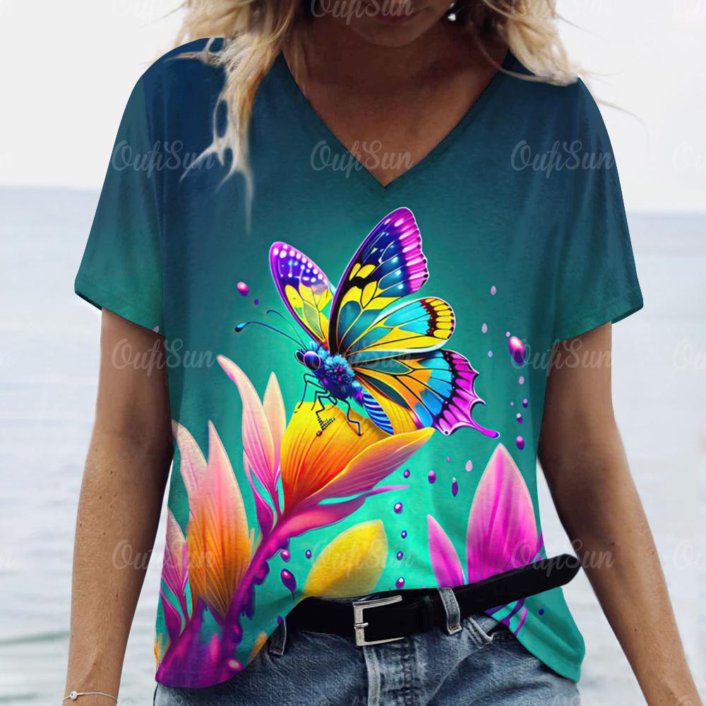 2024 Damen T-Shirt Sommer Schmetterling T-Shirt Übergröße Damenbekleidung Oversized Designer Kurzarmshirt Damen V-Ausschnitt Bluse
