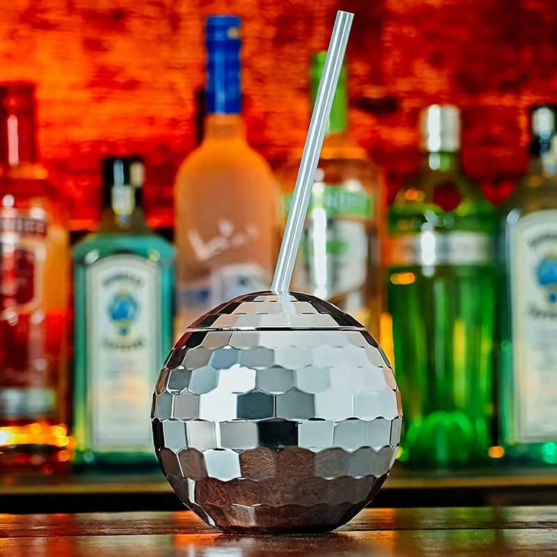 

Disco Ball Cup Wine Glass with Straw Wedding Decoration Flash Light Mirror Effect Cocktail Cup Drink Bottle Bar Birthday Party 2PCS серебряный