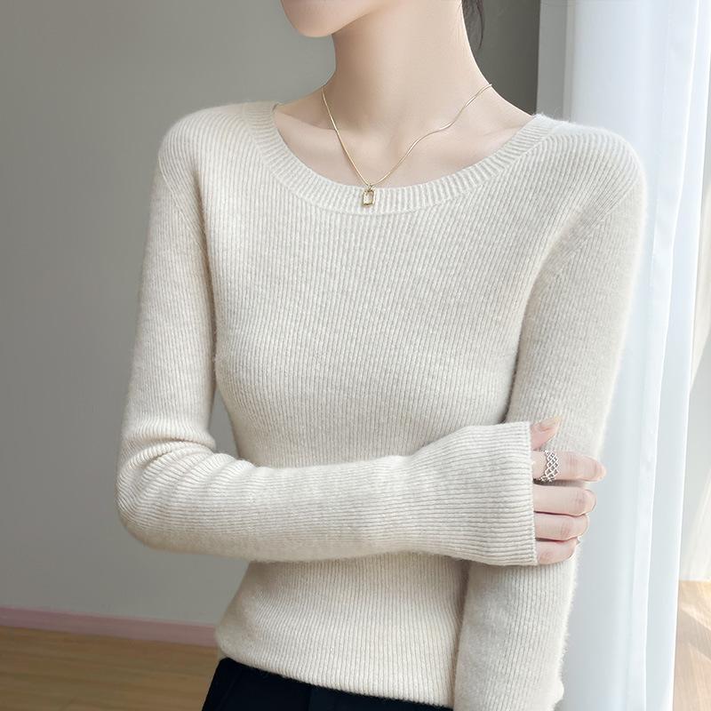 Solid Color Crew Neck Long Sleeve Slim Fit Casual Knit Sweater For Women