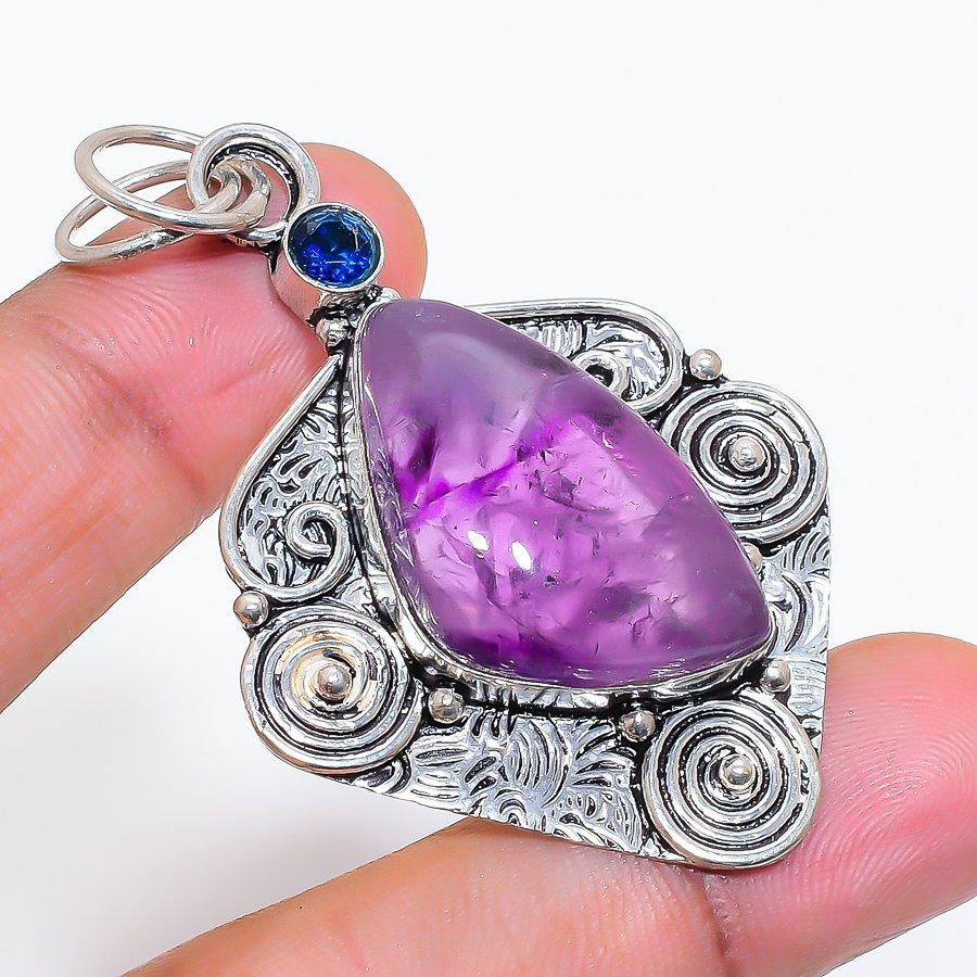 Natural Sage Amethyst, Iolite 925 Sterling Silver Jewelry Pendant 2.36" ZS-66