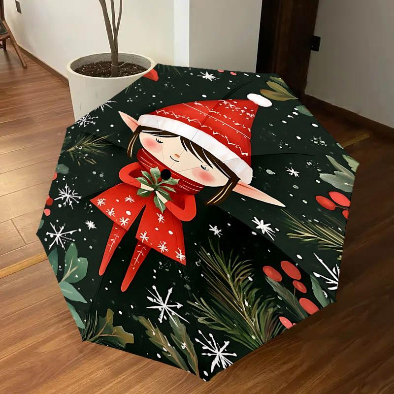 1PC Elf, Christmas Automatic Open/Close Umbrella with Windproof, 8-Rib Sturdy Canopy, Durable Ribs, Fashionable Design, Outdoor Accessory, Fun Prin, H