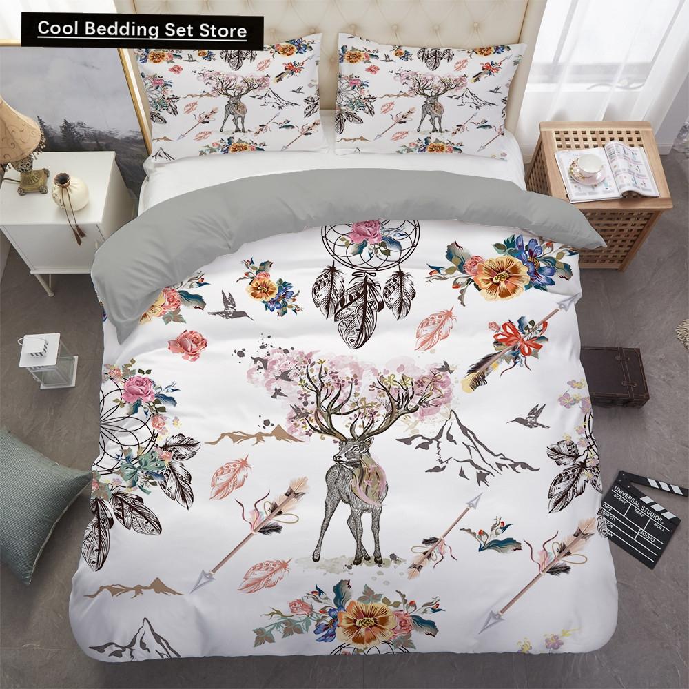 Traumfänger Elch Königin Bettbezug Böhmischer Stil Schmetterling Bettwäscheset für Teenager Mädchen Frauen Ziege Weiß 2/3-teiliger Bettdeckenbezug