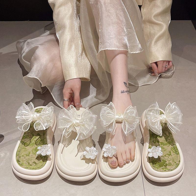 Woman Slippers Open Toe Shoes for Women on Beach Slides With Bow Green Sandals Flat Korea Style Designer Luxury Clappers New Vip