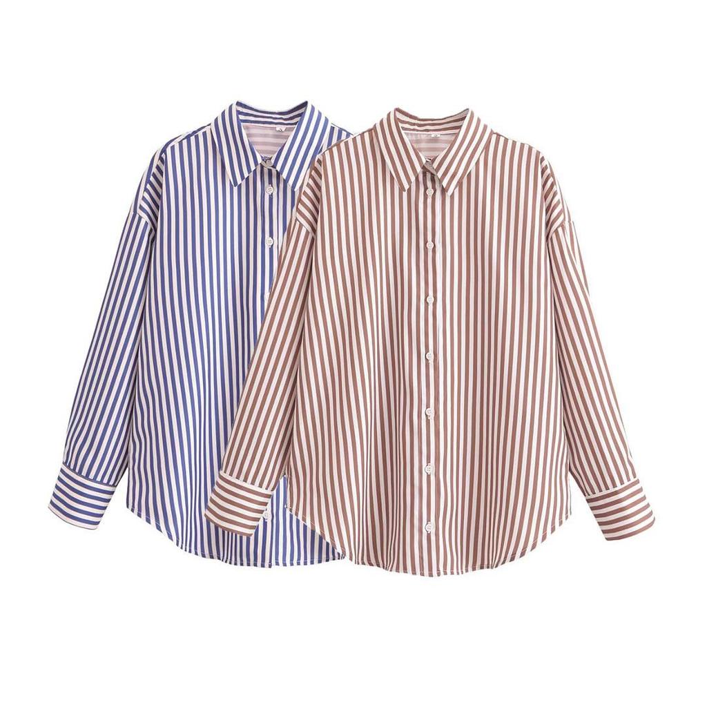 2025 Spring Women's Metallic Thread Striped Long Sleeve Shirt with Turn-Down Collar, European & American Style.