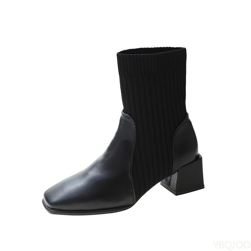 Fashion New Autumn Winter Style Thick Medium Heel Square Toe Short Boots for Women Knitted Simple Comfortable Daily  Women's Shoes