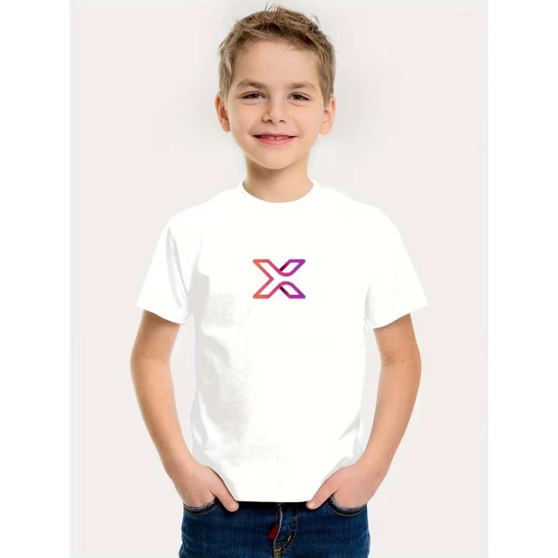 

European sizes Colorful X Graphic Print Boys T-Shirt, Casual Short Sleeve Comfortable Summer Wear, Street Fashion, Machine Washable Fashion Tee 98cm