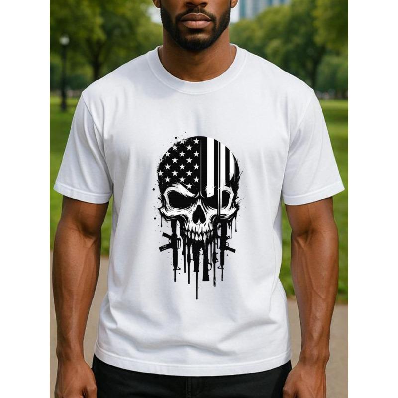 European Sizes Men's Printed Short-sleeved Shirt with a Split Star-Spangled Skull Design, Medium Elasticity and Fashionable Style