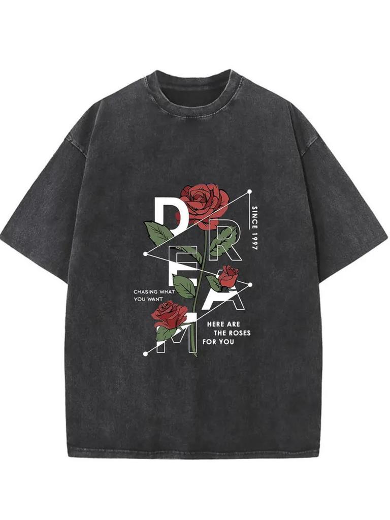 Washed, Retro Rose Printed T-Shirt, High-Quality Printed Cotton Retro Fashion T-Shirt, Suitable for Summer T-Shirt with Certain Thickness,Holiday Gift
