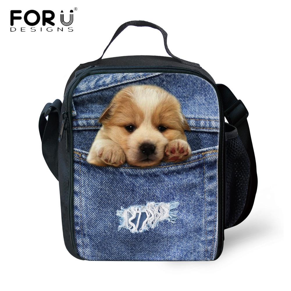 Classic Crossbody Denim pocket Cute Cat Dog Lunchbox Thermal insulation Food Lunch Bag 3D Printed Insulated Handbags Ice Bags