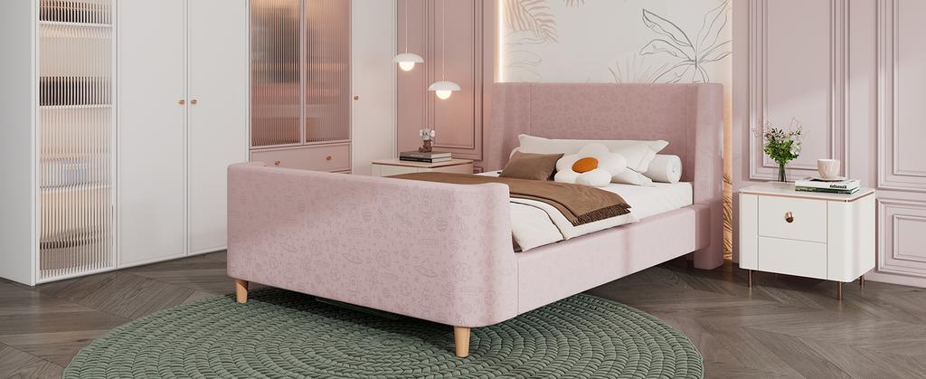 Children's Bed Upholstered Bed, Single Bed Sleigh Bed with Cosmic Pattern, 90 x 200 cm, For Boys & Girls, Pink, Velvet (Without Mattress)
