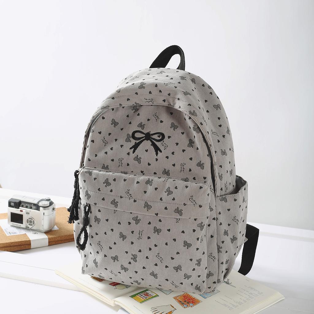 Schoolbag Velvet Backpack Women's High-value Bow Middle School Student Backpack Korean Corduroy Commuting Light Schoolbag