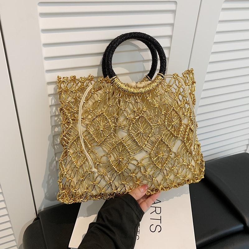 Borsa a Mano Estiva in Paglia Intrecciata per Vacanze al Mare con Motivo Traforato per Uscite Casual