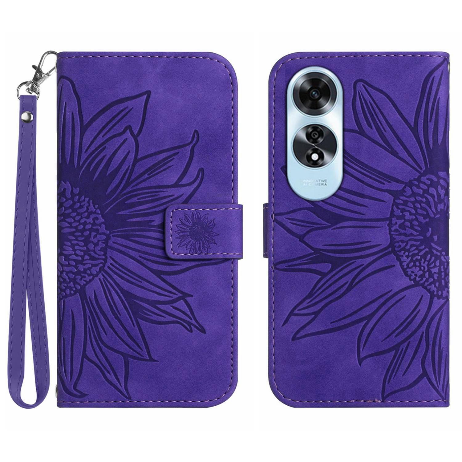

HT04 For Oppo A60 4G Case Sunflower Leather Wallet Phone Cover with Wrist Strap Dark Purple