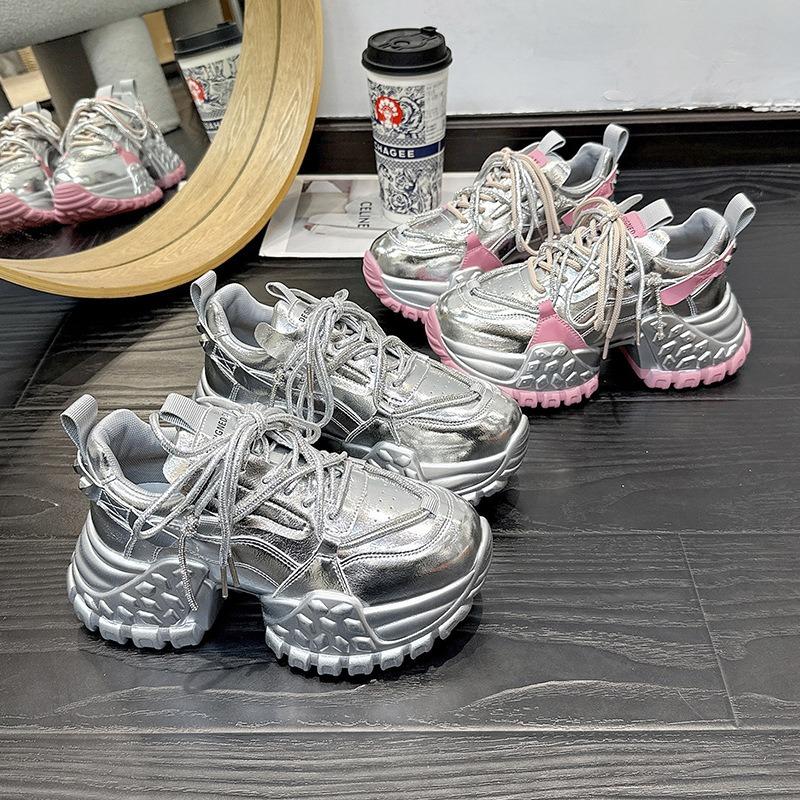 Women's Platform Thick-soled Casual Shoes, Metallic Silver Dad Shoes, Spring Style, Small Height-increasing Shoes