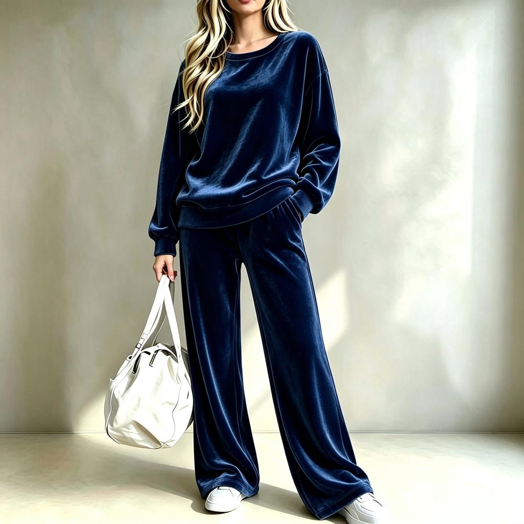 Women's Trendy Casual Velvet Two Piece Outfit Set with Wide Leg Pants and Loose Fit