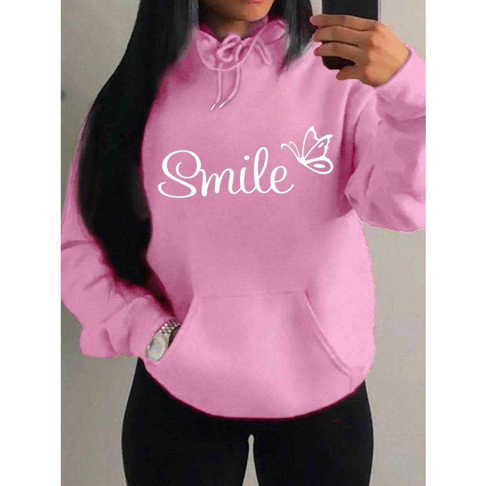Smile Font Language Butterfly Pattern Hoody For Women Sport Pocket Clothing Cute Multicolor Streetwear Fashion Hoodies