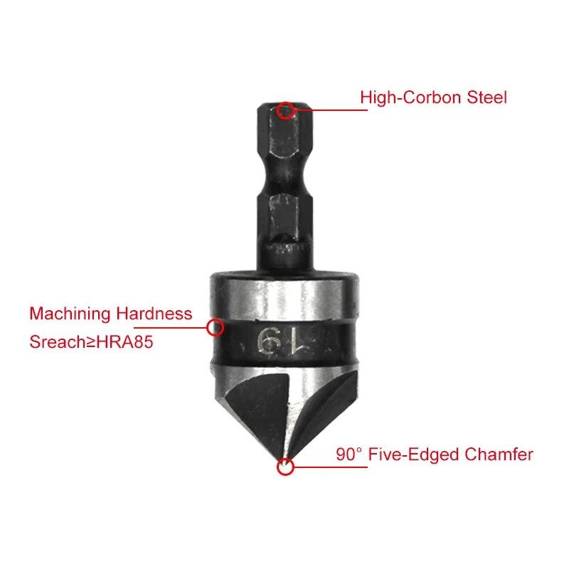 3PC Hexagonal Shank 90 Degree Black Five Blade Chamferer 12/16/19mm Countersink Drill Woodworking Hole Opener Tool Set