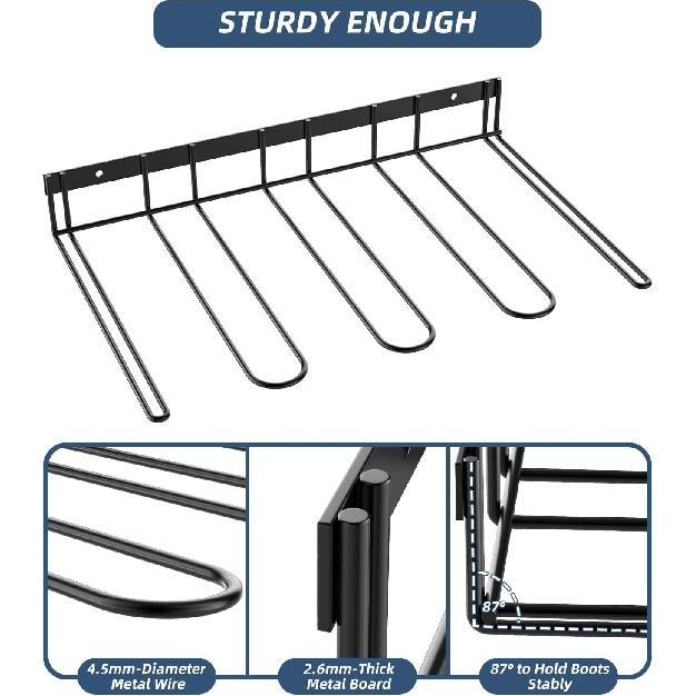 Boot Rack Wader Hanger Wall Mounted- (4 Pair) Sturdy Metal Boot Organizer, Tall Shoe Holder for Closet, Entryway, Indoor, Garage
