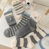 Women's Blue-Gray Striped Ruffled Socks with Lace Embroidery - Trendy Mid-Calf Style In Combed Cotton