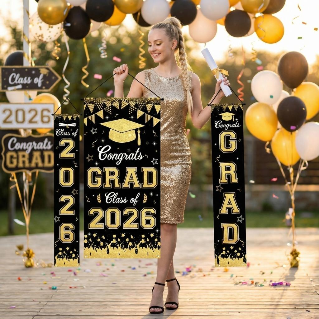Graduation Flag Set 3-piece Set For Decorating The Atmosphere Of Graduation Party Graduation Party And Class Reunion Decoration Flags