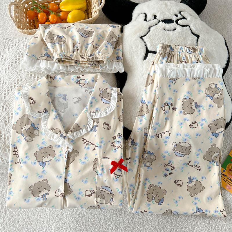 Summer thin short-sleeved pajamas women's style cartoon mikko loungewear imitation cotton three-piece set