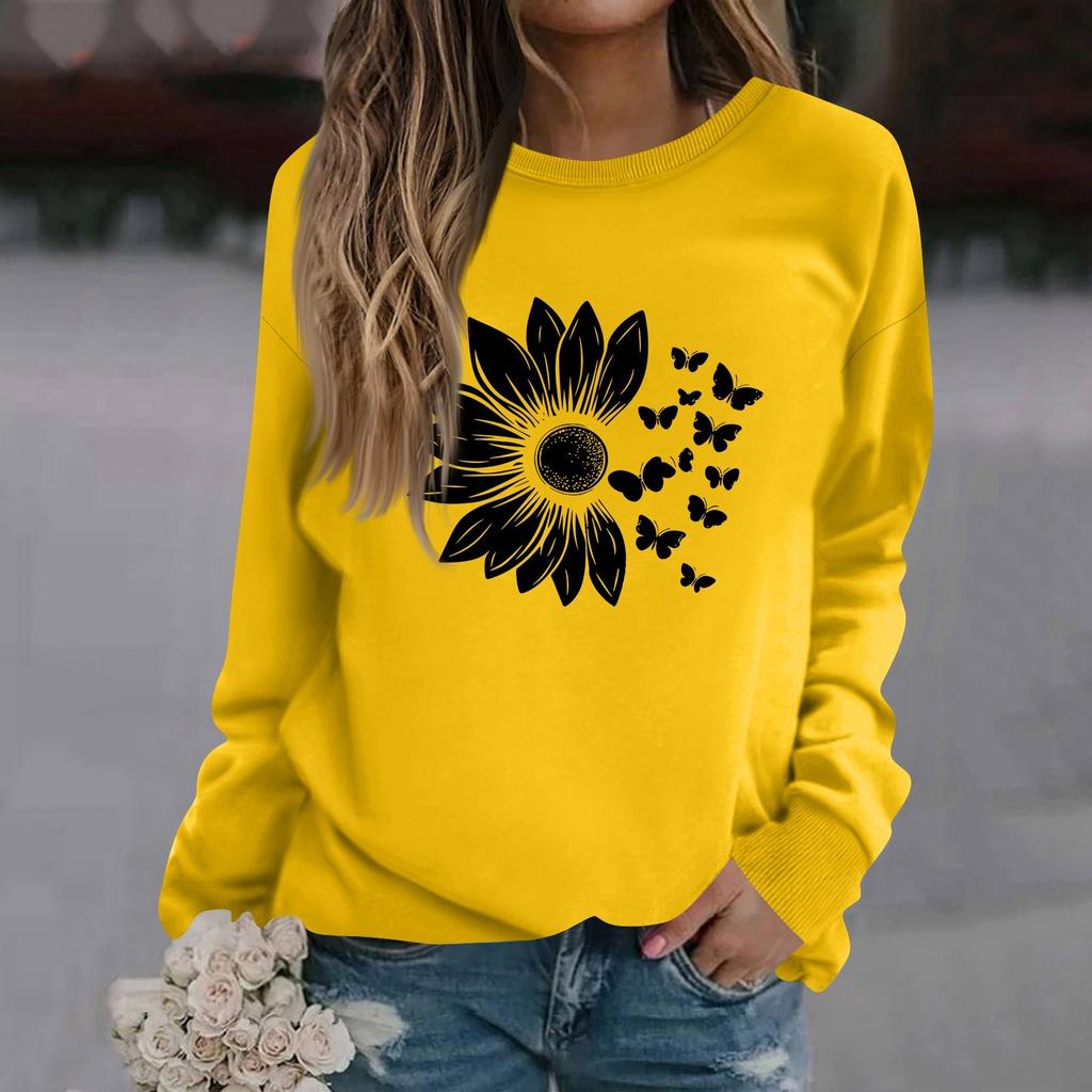 Women's Fashion Casual Long Sleeve Solid Color Printed Round Neck Top Sweatshirt