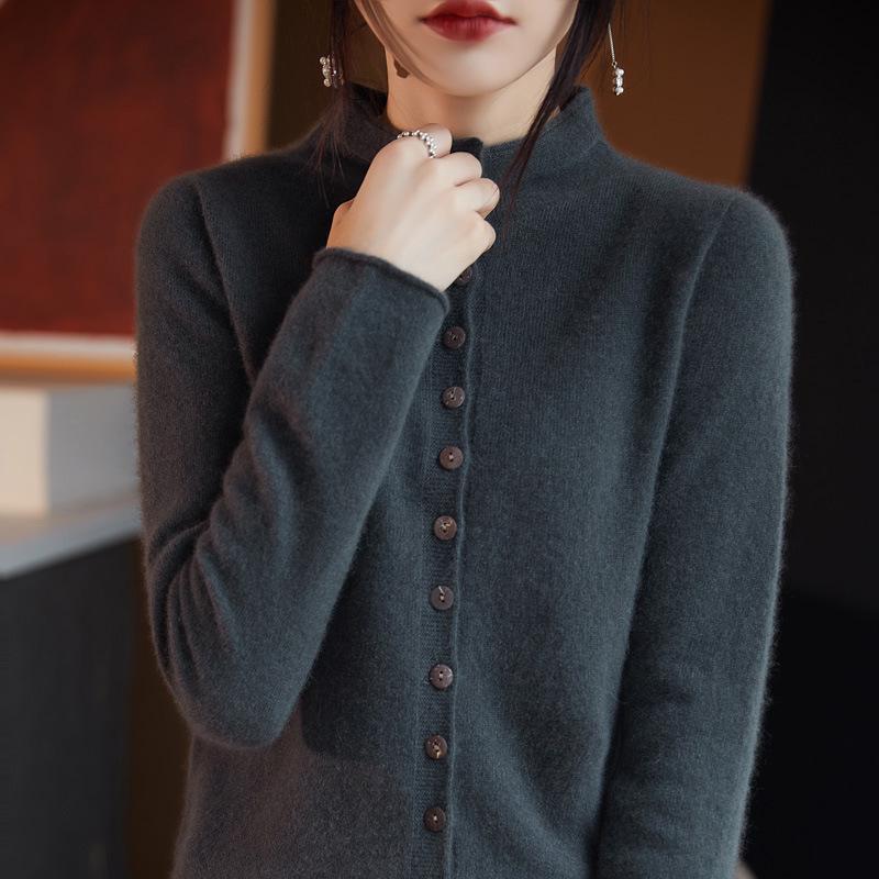 Women's 100% Wool Stand Collar Seamless Cardigan - Loose Knit Long Sleeve Cashmere Coat for Autumn/Winter