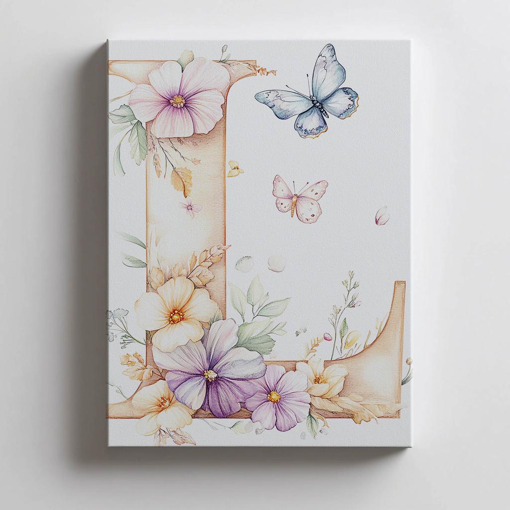 Poster "L" i blommor och fjärilar Poster "L" i blommor och fjärilar, 30X40 cm, Guld aluminiumram, Matt papper 230 gsm