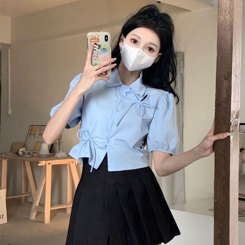 Korean blue bow strap shirt women's spring summer waist thin short design hollow shirt top