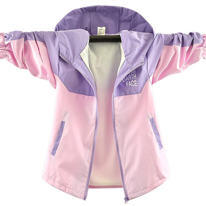 Girls' Spring and Autumn Color Block Windbreaker: Children's Fashionable Hooded Jacket