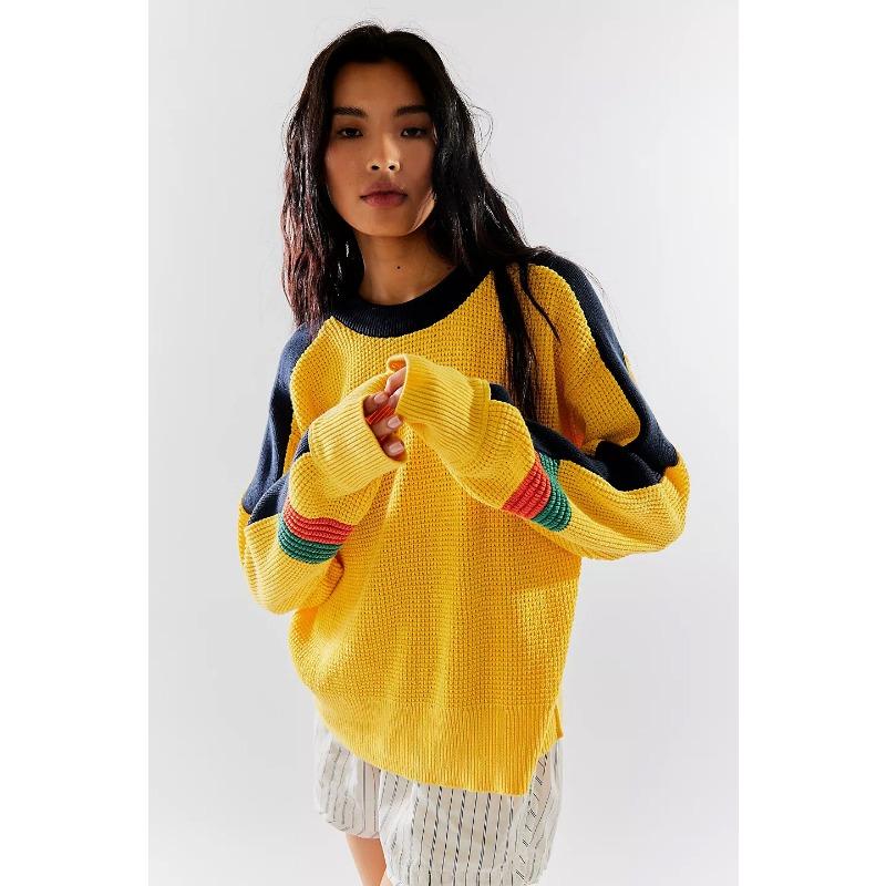 

Круглый вырез цветной блок модный свитер женский свободный трикотаж свободный теплый пуловер трикотажная нижняя рубашка новинка осень зима L жёлтый