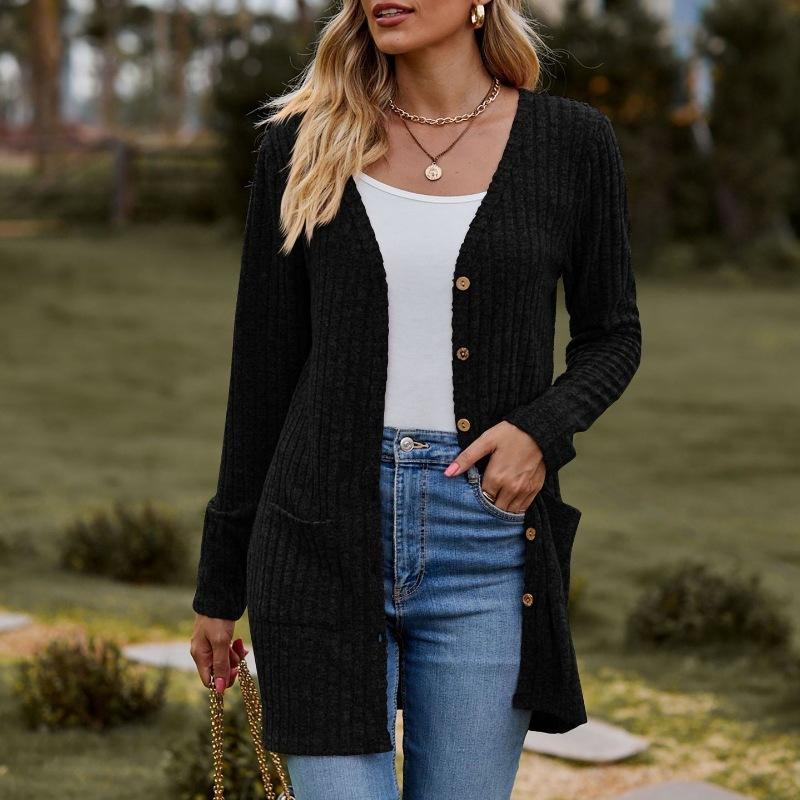 Autumn Women's Milled Pit Stripe V-Neck Solid Colour Button Long Sleeve Ladies Casual Extensions Cardigan Jacket Coat