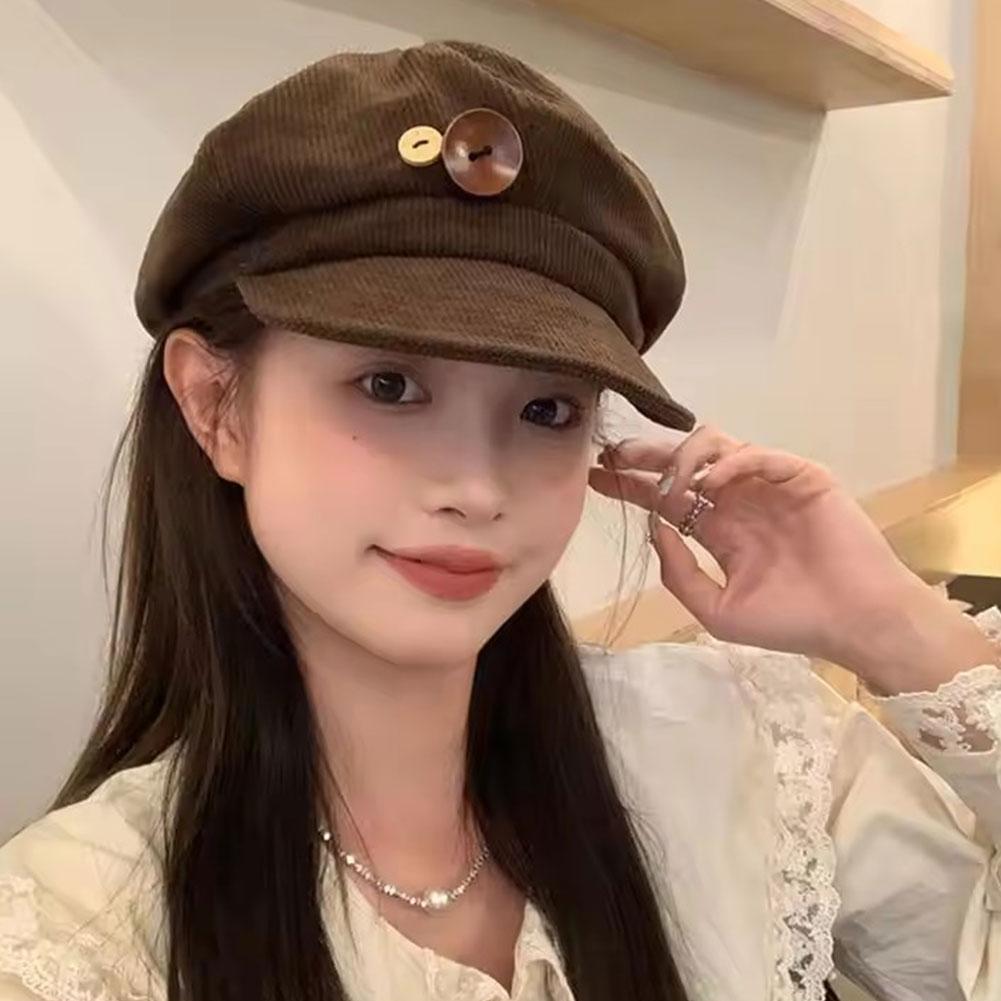 Vintage Corduroy Beret Hat For Women Korean Button Octagonal Cap Autumn Winter Painter Artist Hats Japanese Brown Peaked Caps