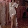 Nuevo vestido europeo y americano de mujer para verano, vestido largo de manga larga con cuello en V y lentejuelas, vestido sexy asimétrico