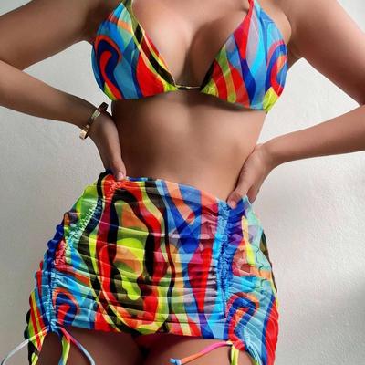 Badeanzug Damen Split Dreiteiliges Set Hohe Taille Ärmellos Ins Overshirt Kordelzug Bedruckte Bikinianzüge